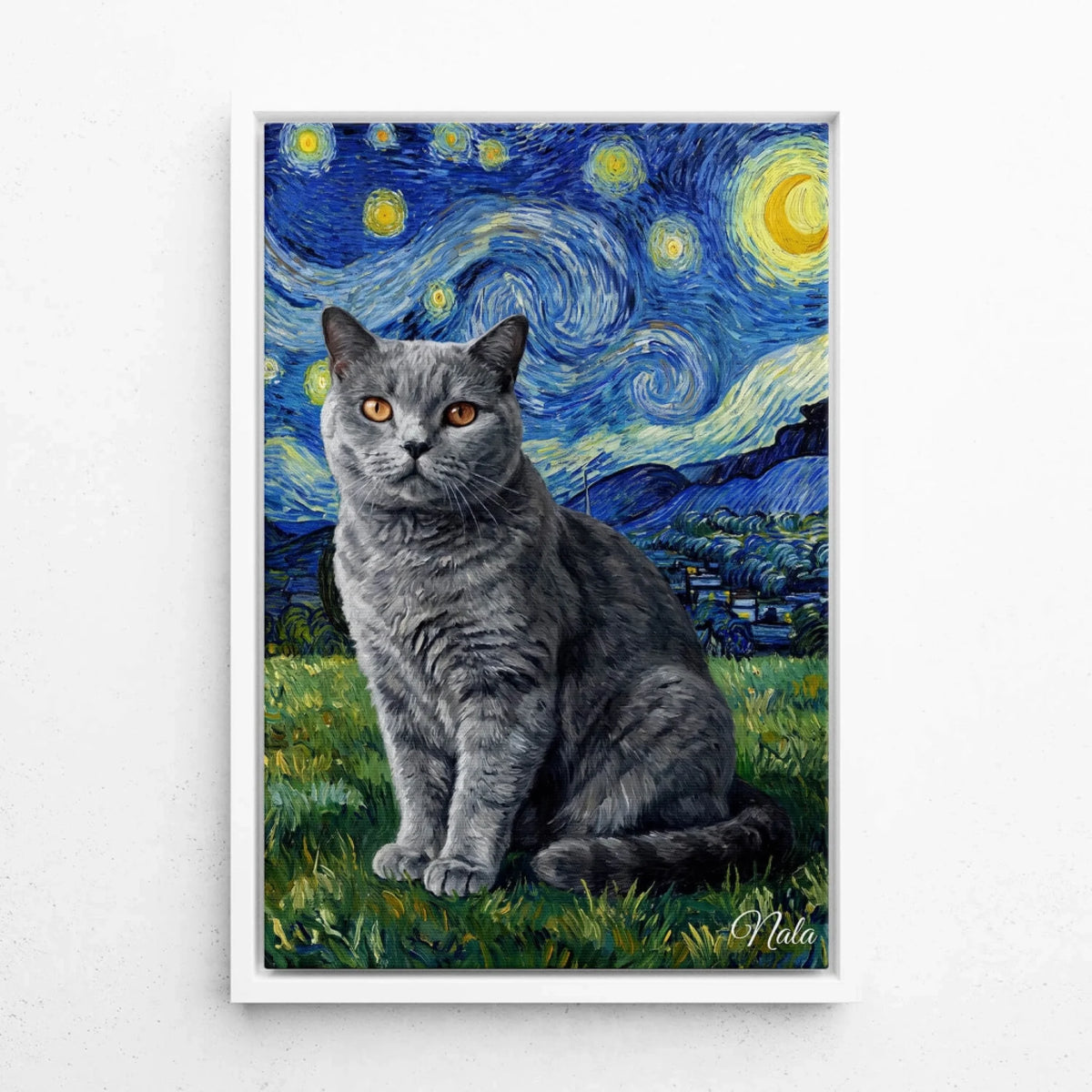 Cat portrait in Van Gogh style from your photo - canvas with white frame