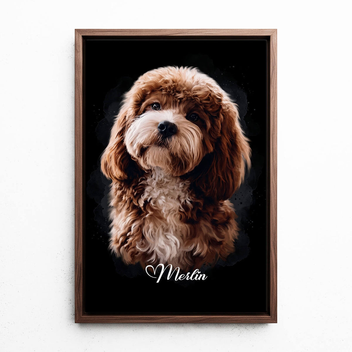 Dog Portrait in Watercolour Style - Black from your photo - canvas with walnut frame