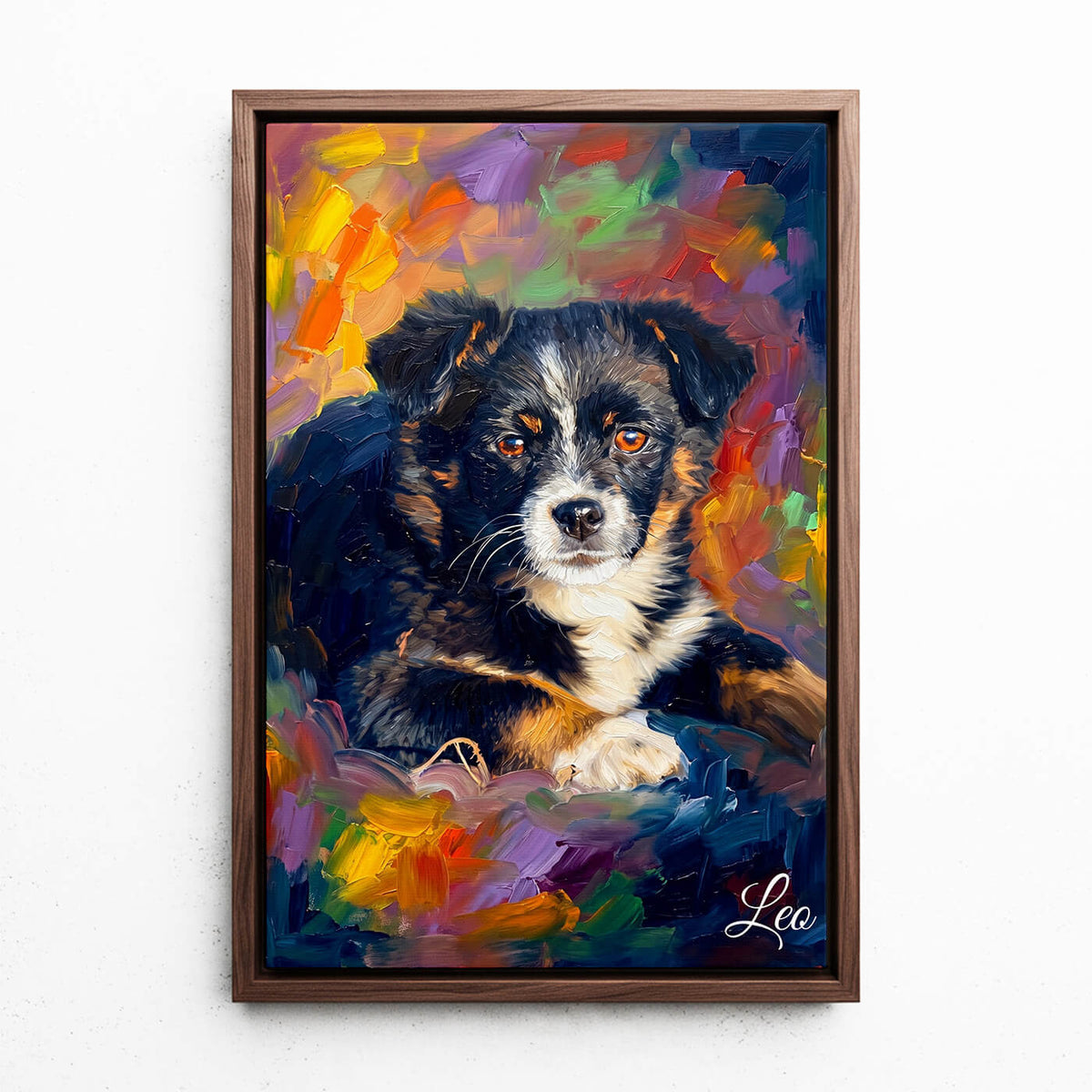 Dog Portrait in Pop Art Style from your photo - canvas with walnut frame