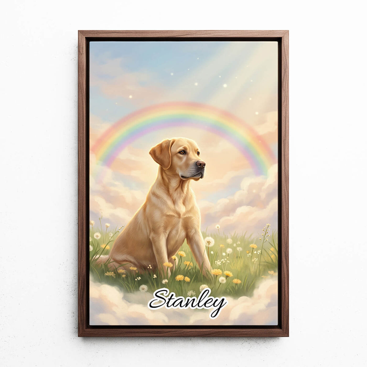 Dog Portrait at the Rainbow Bridge from your photo - canvas with walnut frame