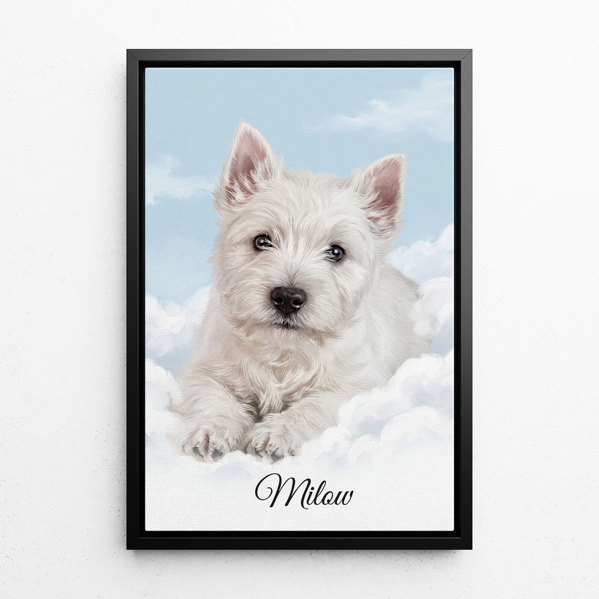 Personalised Dog Portrait on Clouds from your photo - canvas with black frame