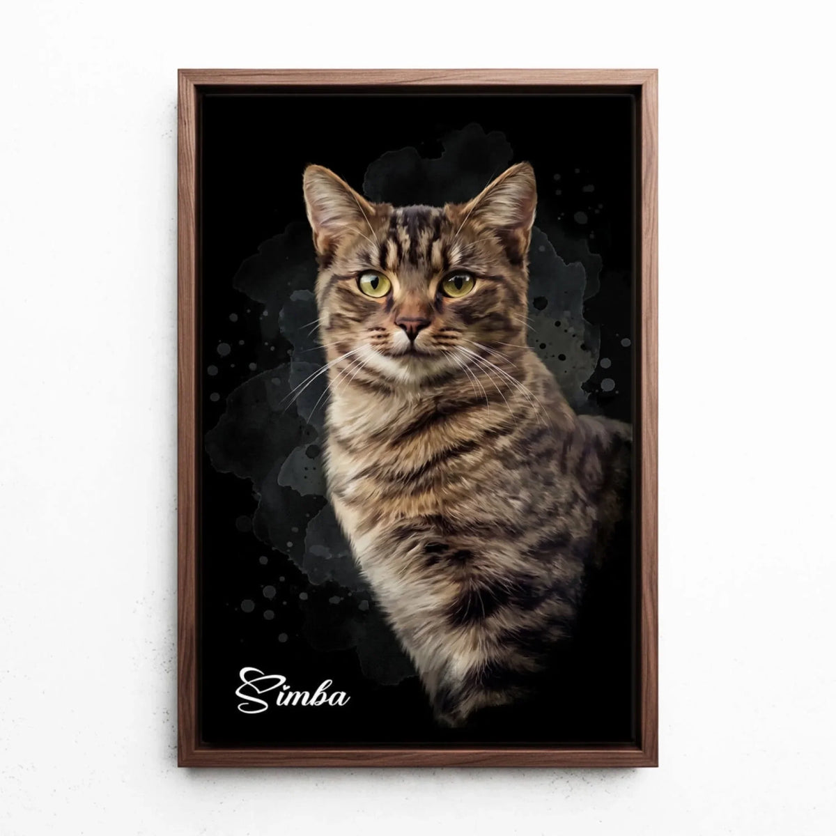 Cat Portrait in Watercolour Style - Black from your photo - canvas with walnut frame
