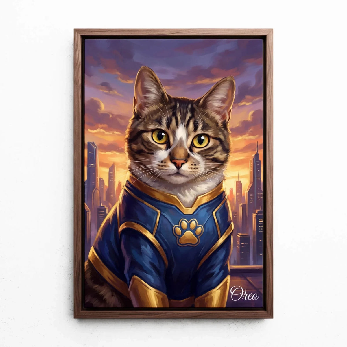 Personalised Superhero Cat Portrait from your photo - canvas with walnut frame