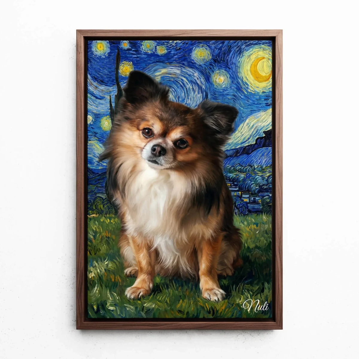 Dog Portrait in Van Gogh Style from your photo - canvas with walnut frame