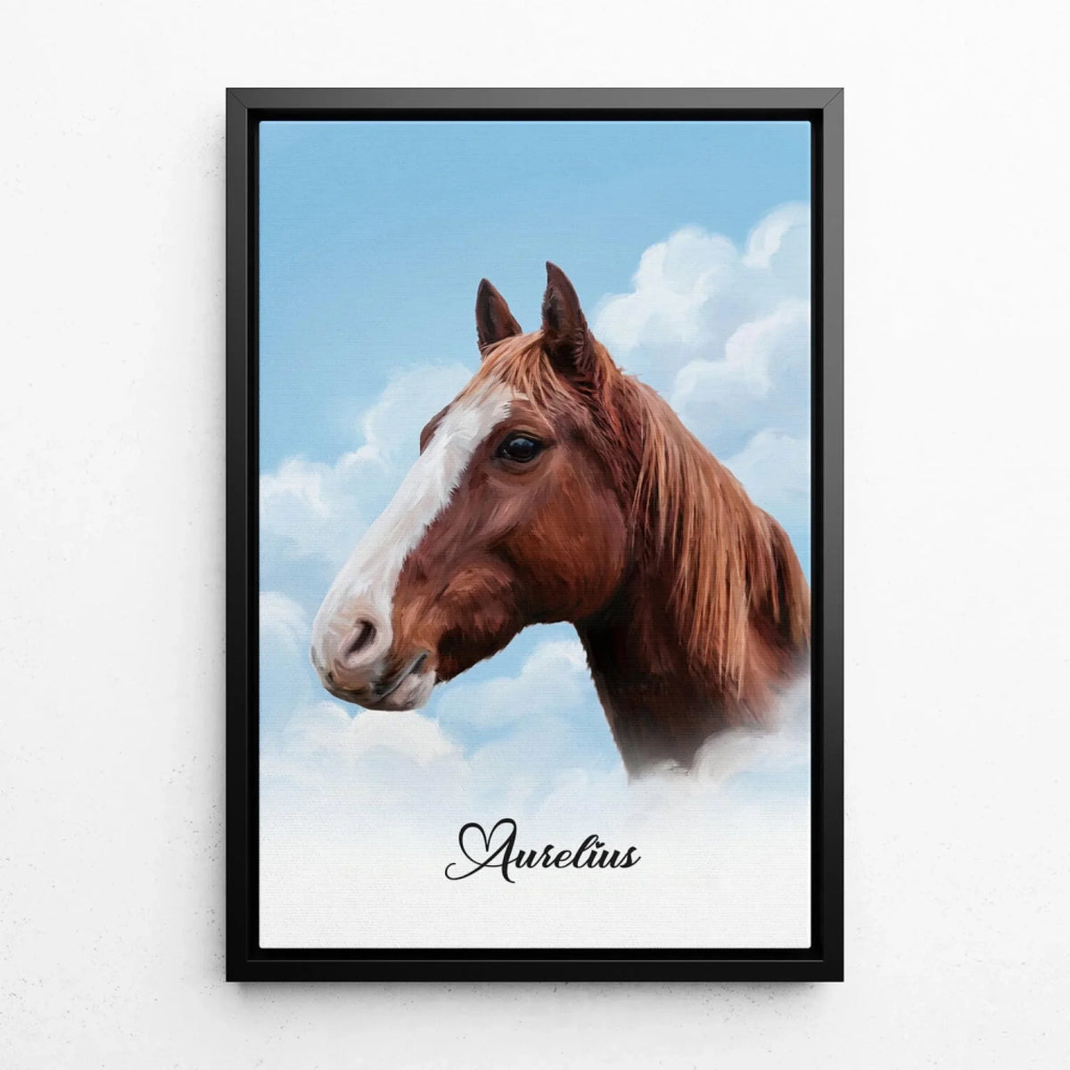 Personalised Horse Portrait on Clouds from your photo - canvas with black frame