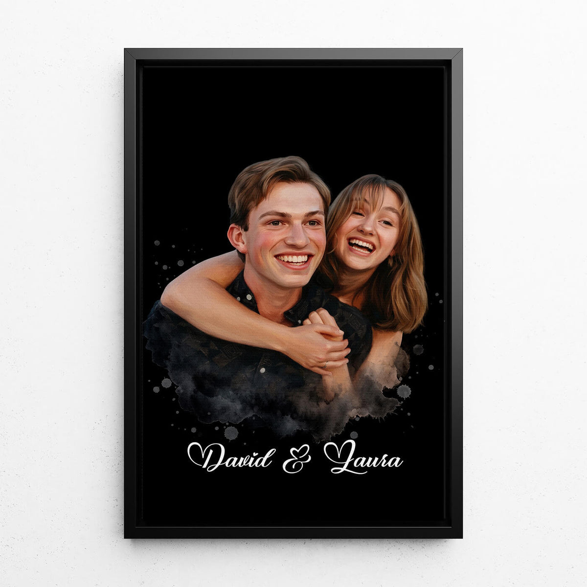 Couple & Family Portrait in Watercolour Style - Black from your photo - canvas with black frame