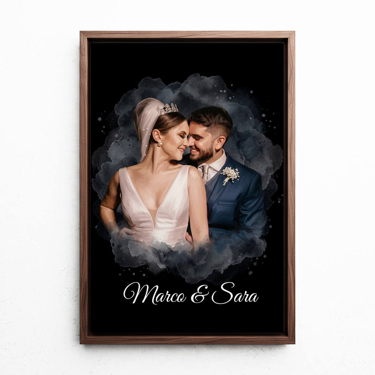 Couple & Family Portrait in Watercolour Style - Black from your photo - canvas with walnut frame