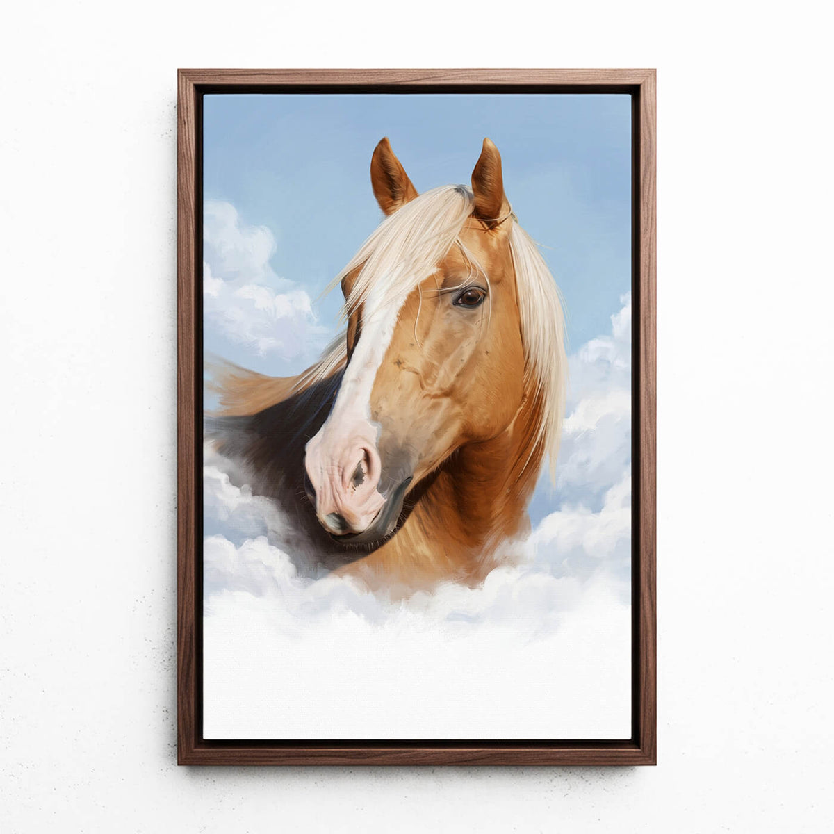 Personalised Horse Portrait on Clouds from your photo - canvas with walnut frame