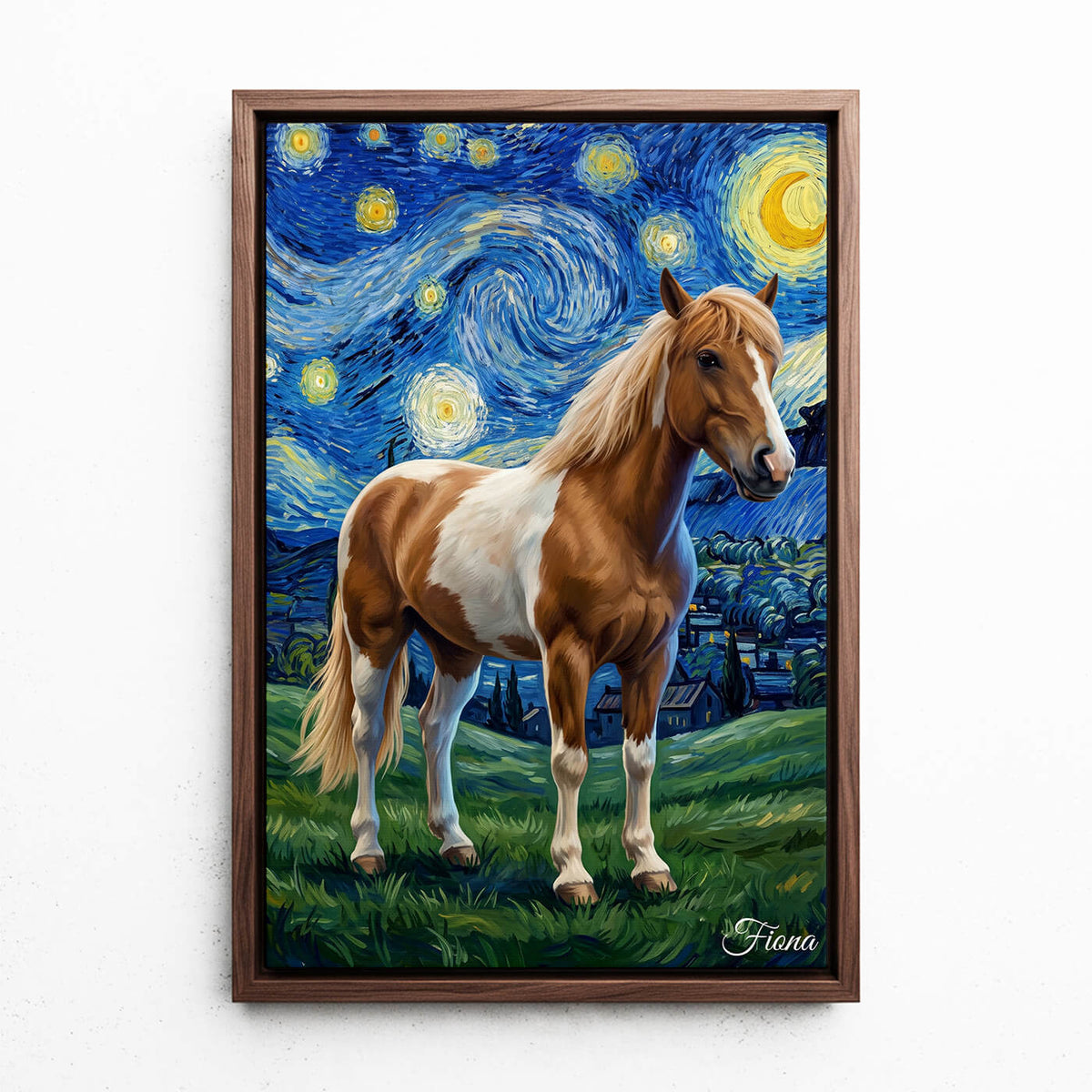 Horse Portrait in Van Gogh Style from your photo - canvas with walnut frame