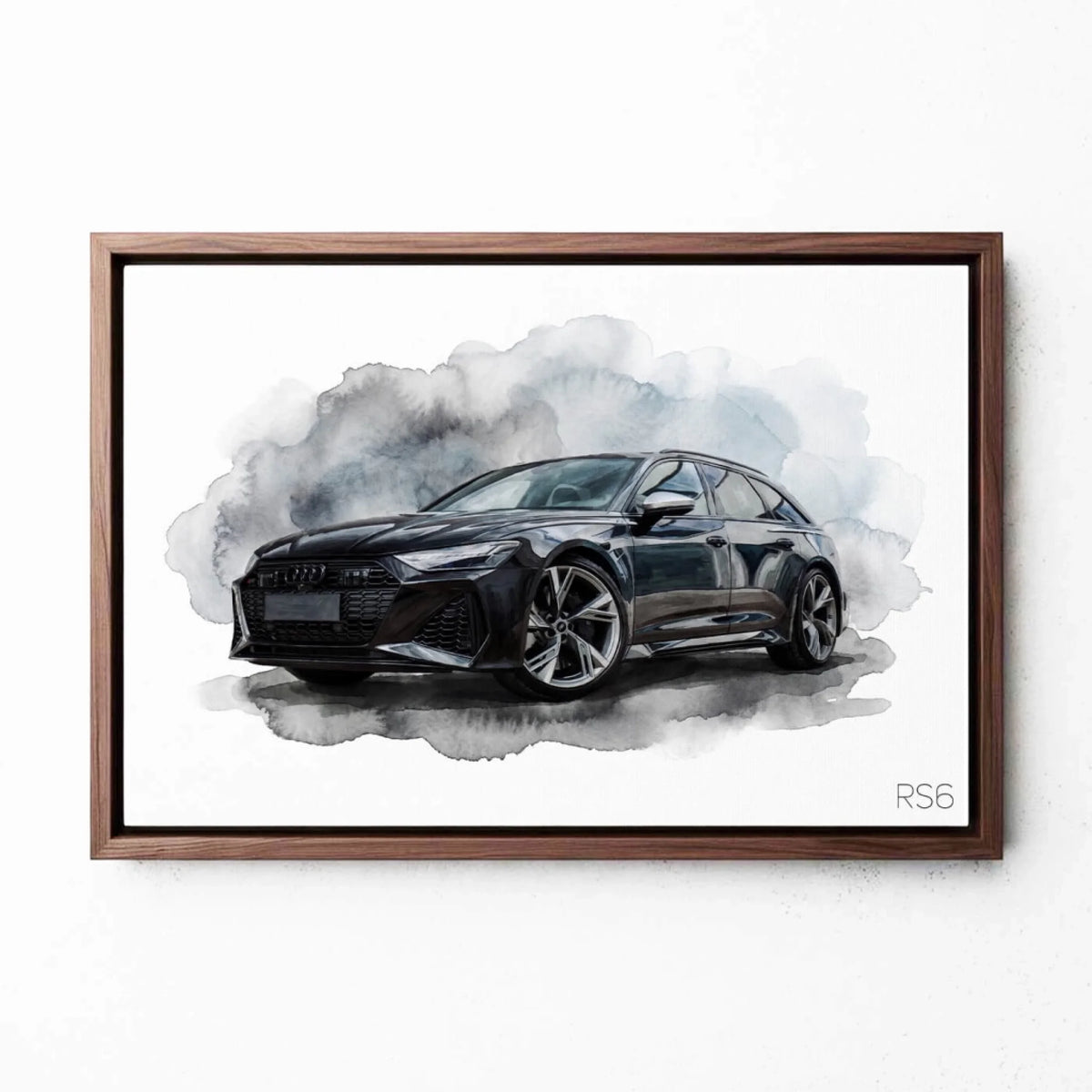 Car portrait in watercolour style from your photo - canvas with walnut frame