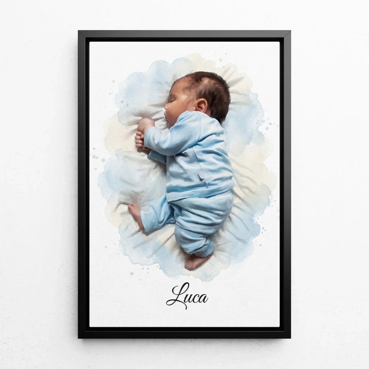 Baby Portrait in Watercolour Style from your photo - canvas with black frame