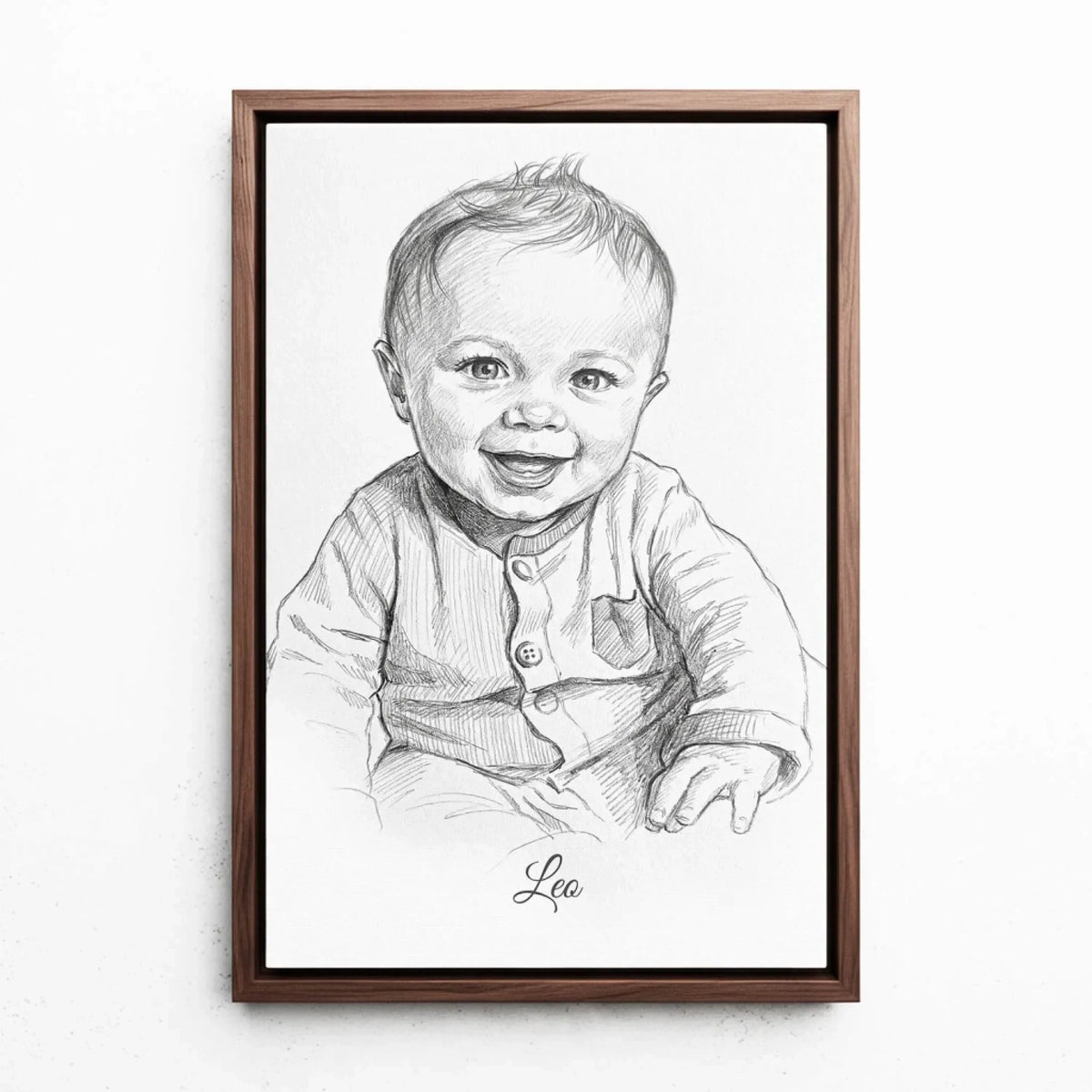 Baby Portrait in Pencil Style from your photo - canvas with walnut frame