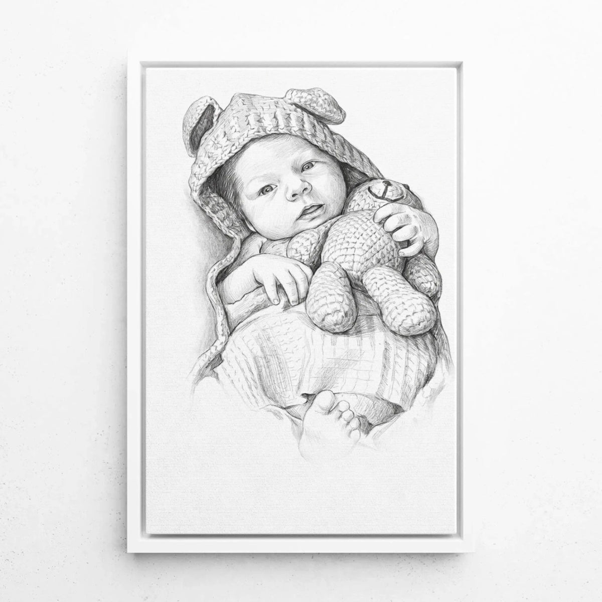 Baby Portrait in Pencil Style from your photo - canvas with white frame
