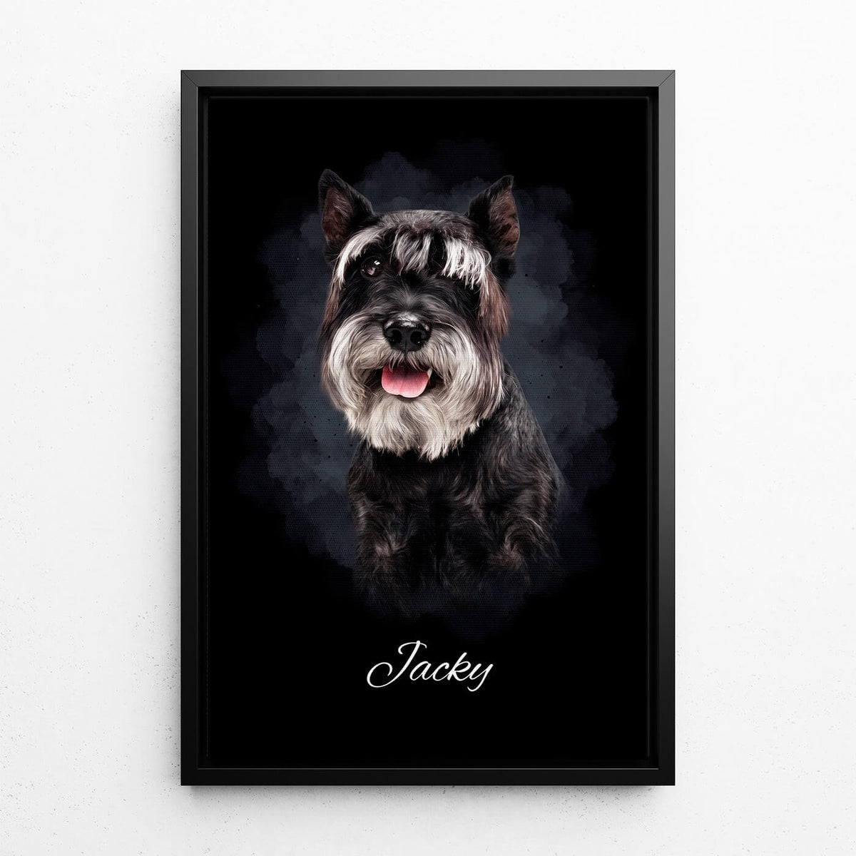 Dog Portrait in Watercolour Style - Black from your photo - canvas with black frame