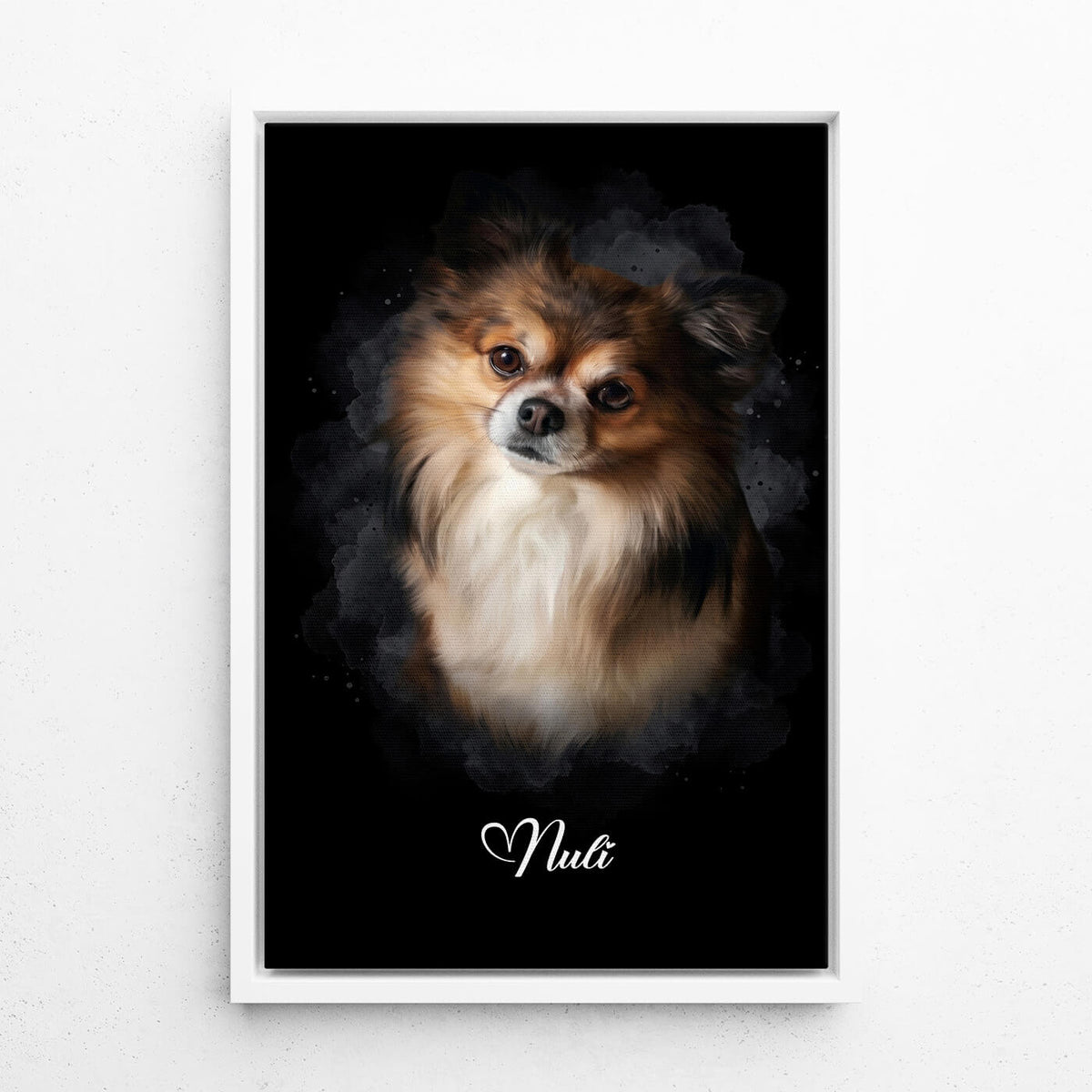 Dog Portrait in Watercolour Style - Black from your photo - canvas with white frame