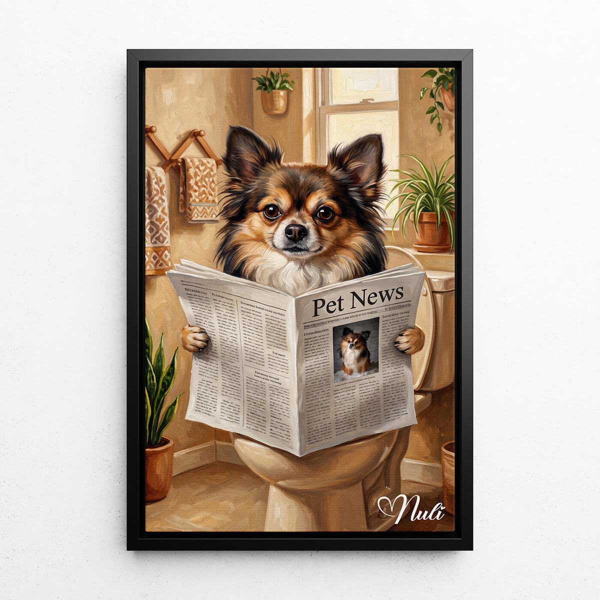 Personalised Funny Bathroom Dog Portrait from your photo - canvas with black frame