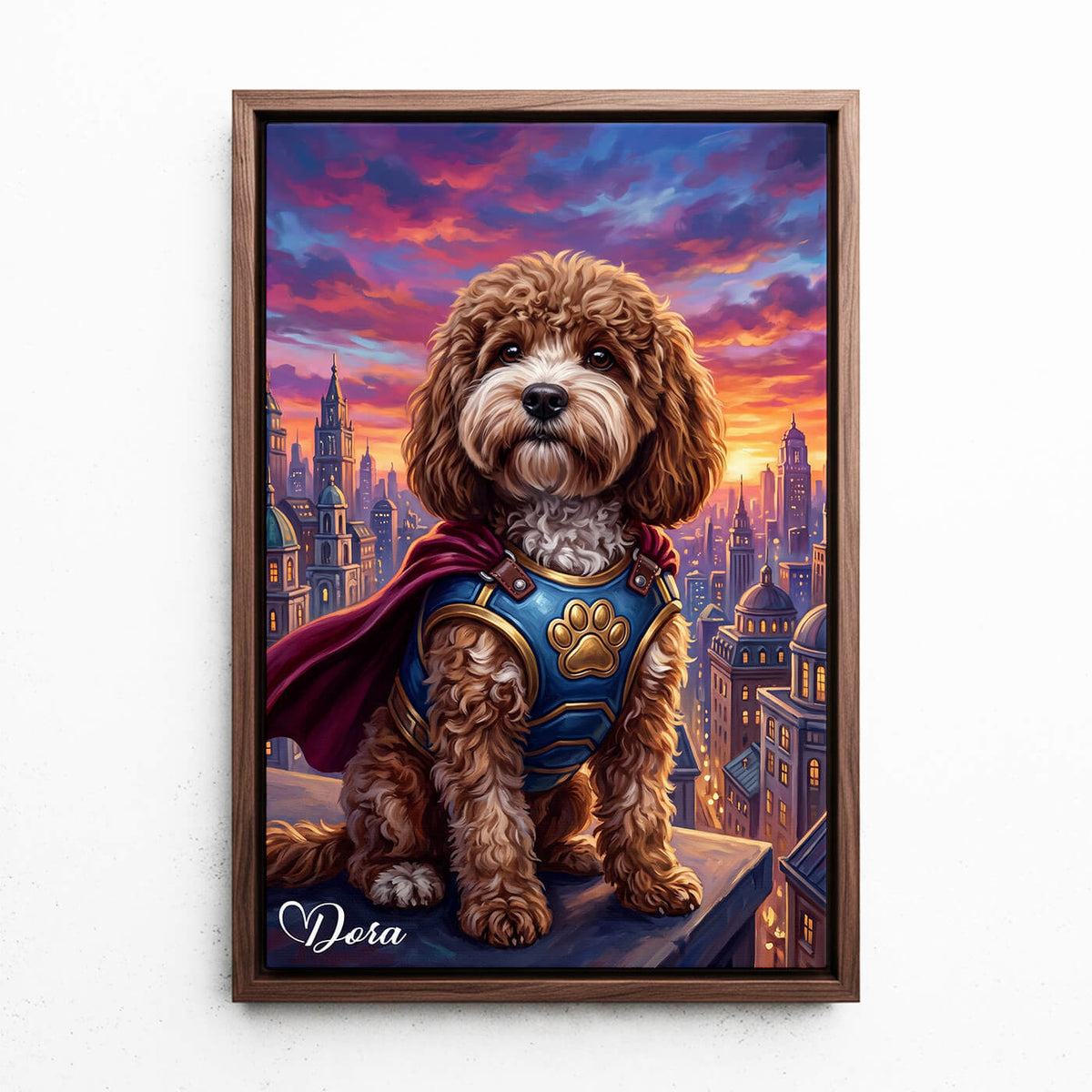 Personalised Superhero Dog Portrait from your photo - canvas with walnut frame