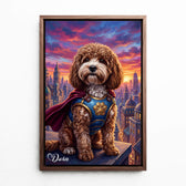 Cat portrait as a superhero from your photo - canvas with walnut frame
