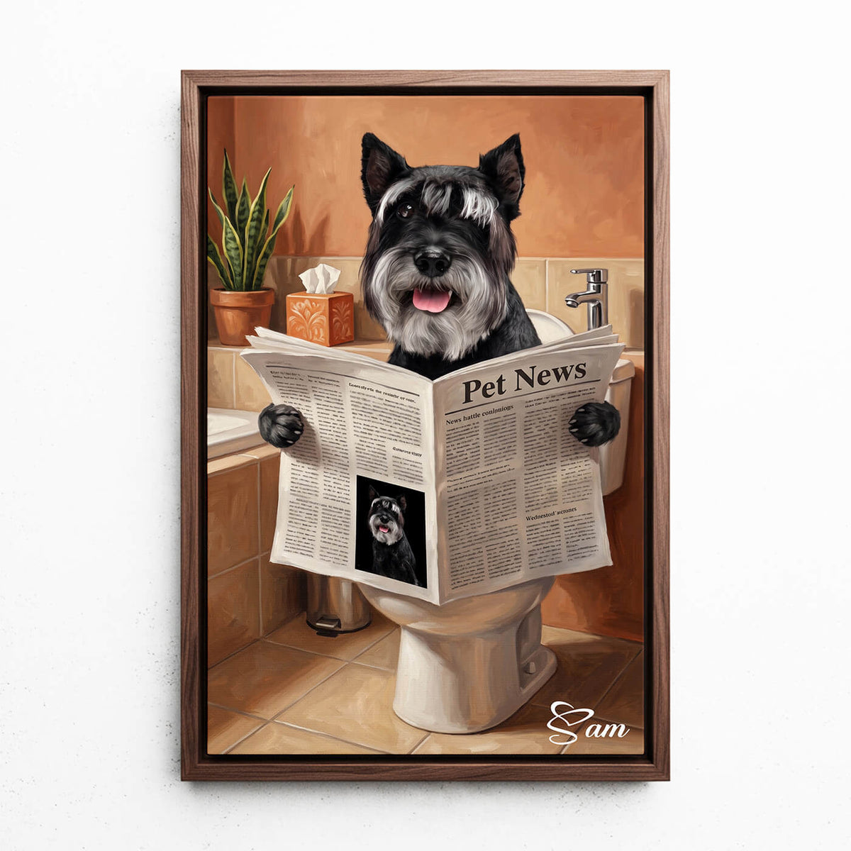 Personalised Funny Bathroom Dog Portrait from your photo - canvas with walnut frame