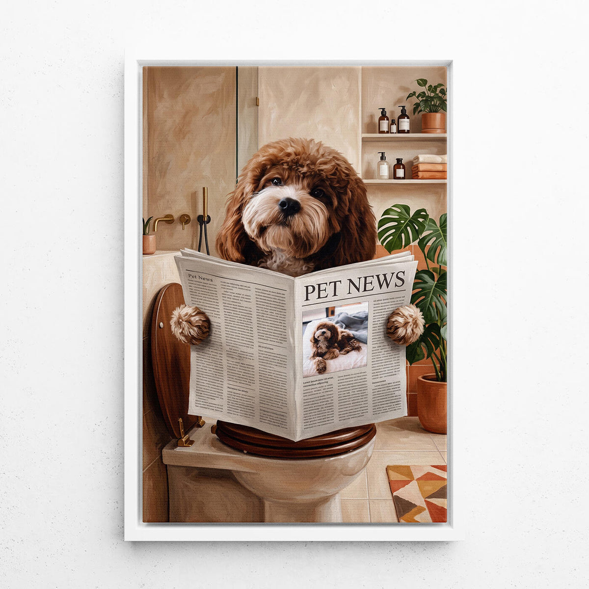 Personalised Funny Bathroom Dog Portrait from your photo - canvas with white frame