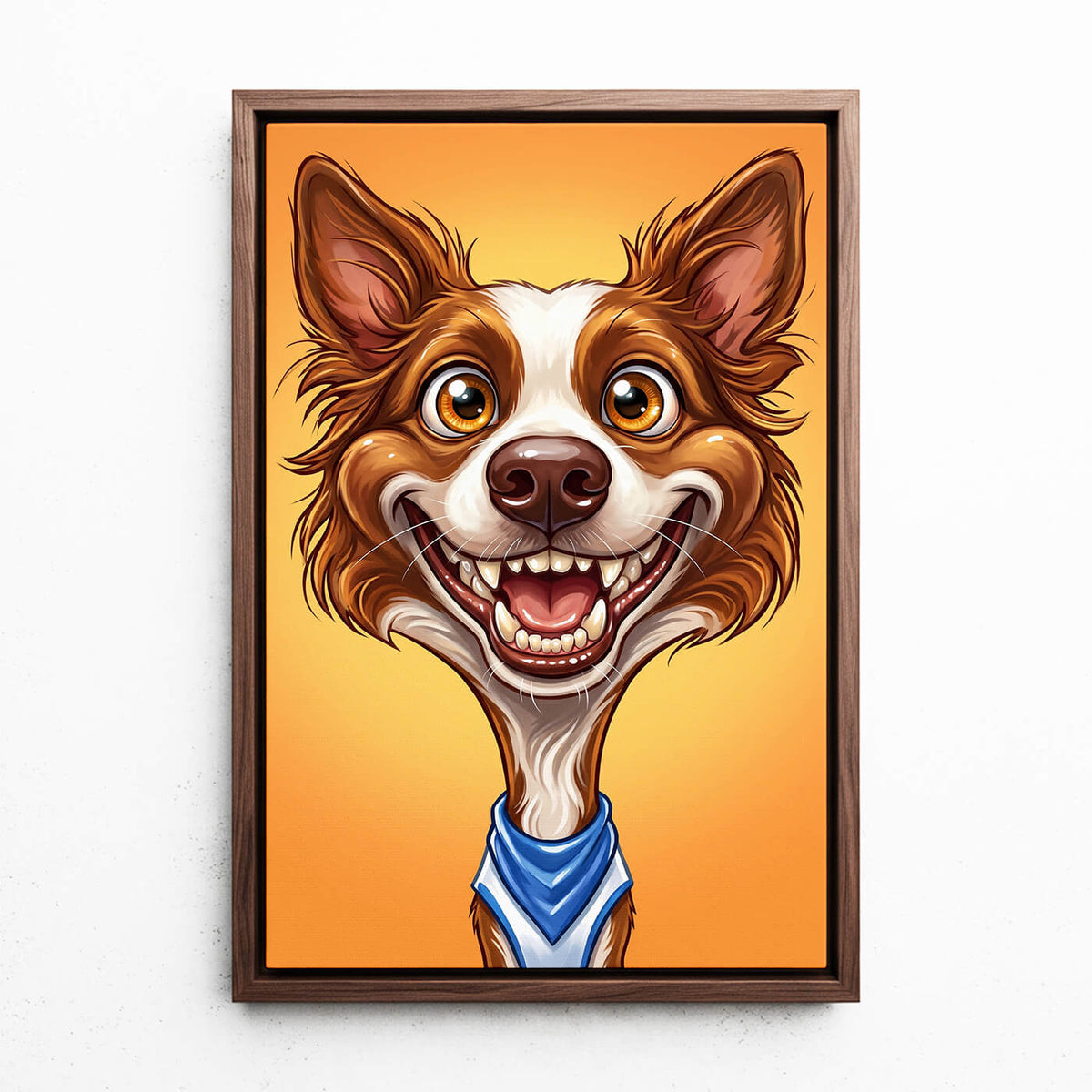 Dog Portrait in Caricature Style from your photo - canvas with walnut frame