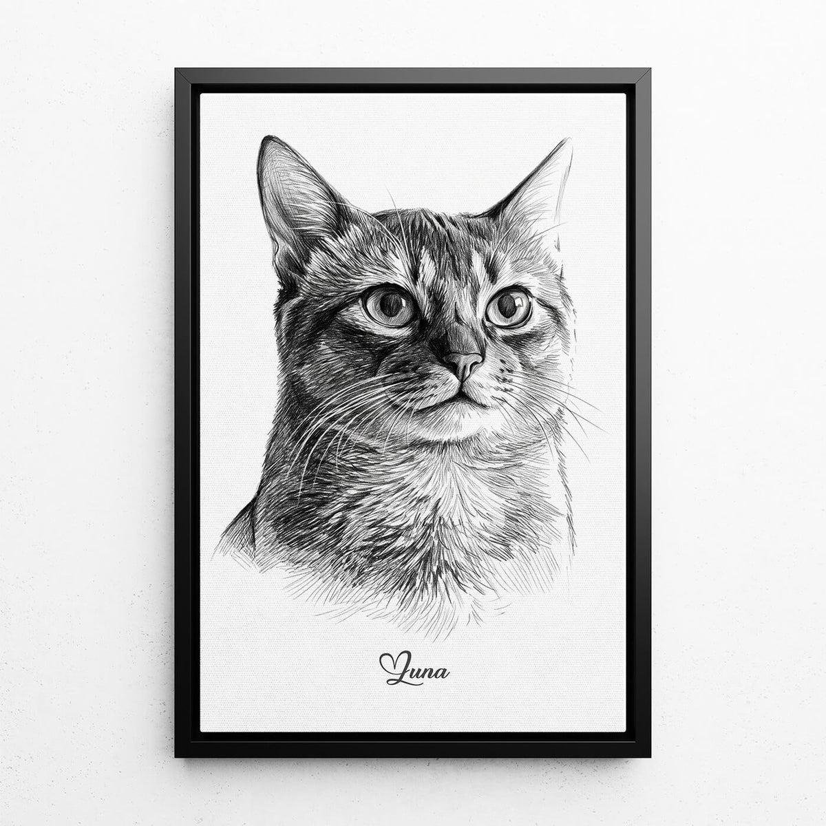 Cat Portrait in Pencil Style from your photo - canvas with black frame