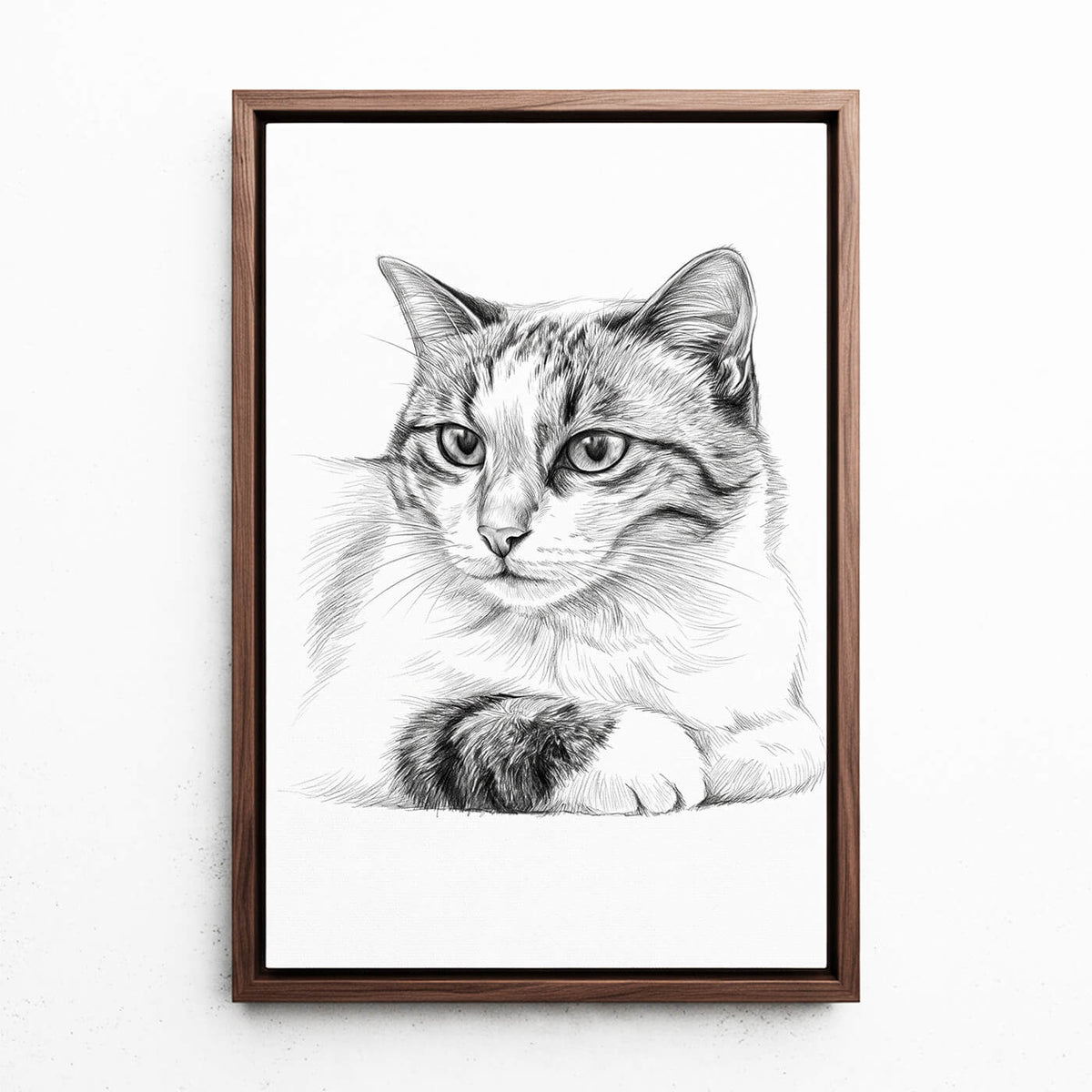 Cat Portrait in Pencil Style from your photo - canvas with walnut frame