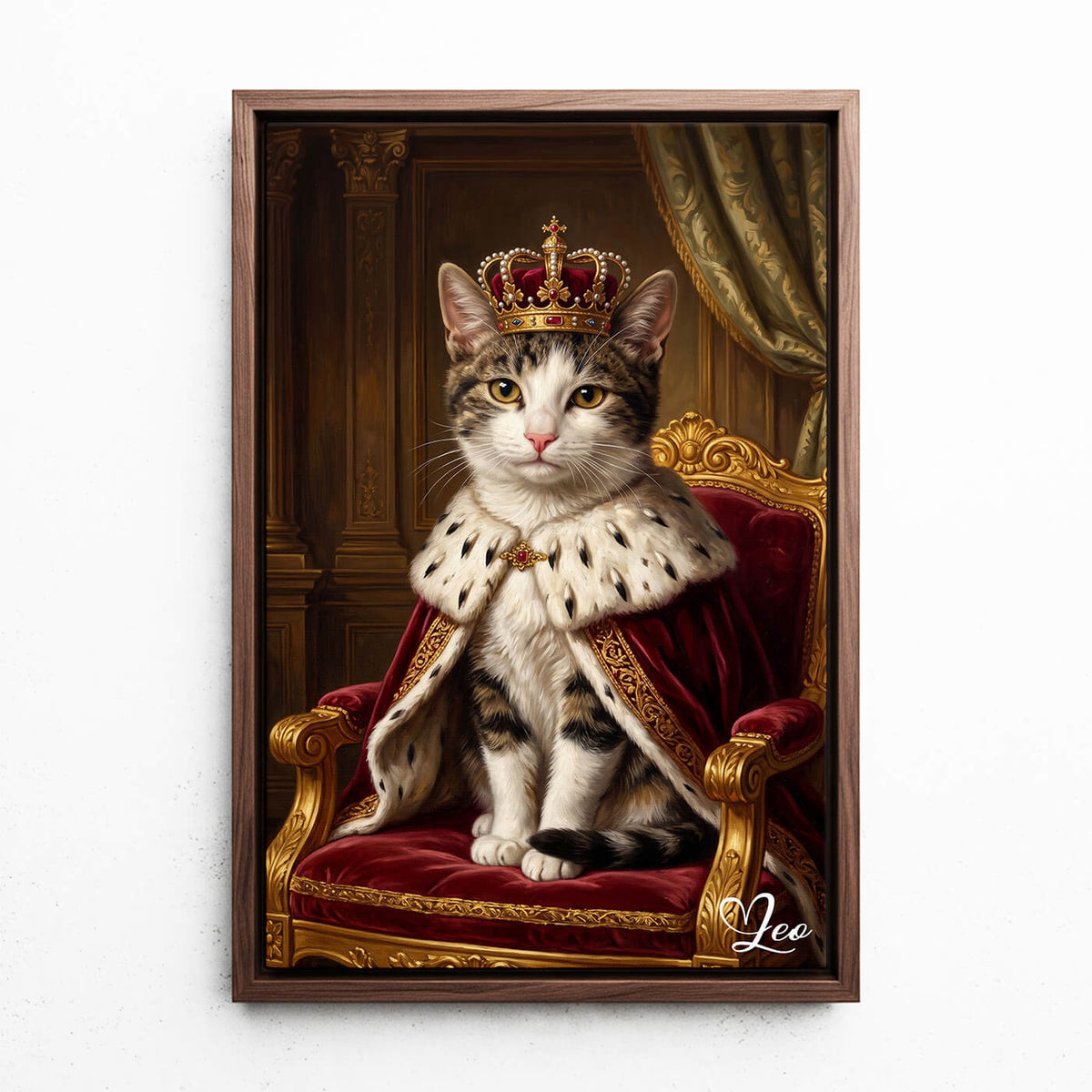 Cat Portrait in Renaissance Style from your photo - canvas with walnut frame