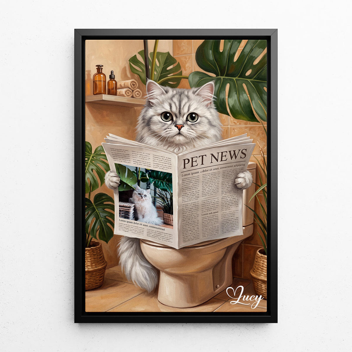 Personalised Funny Bathroom Cat Portrait from your photo - canvas with black frame
