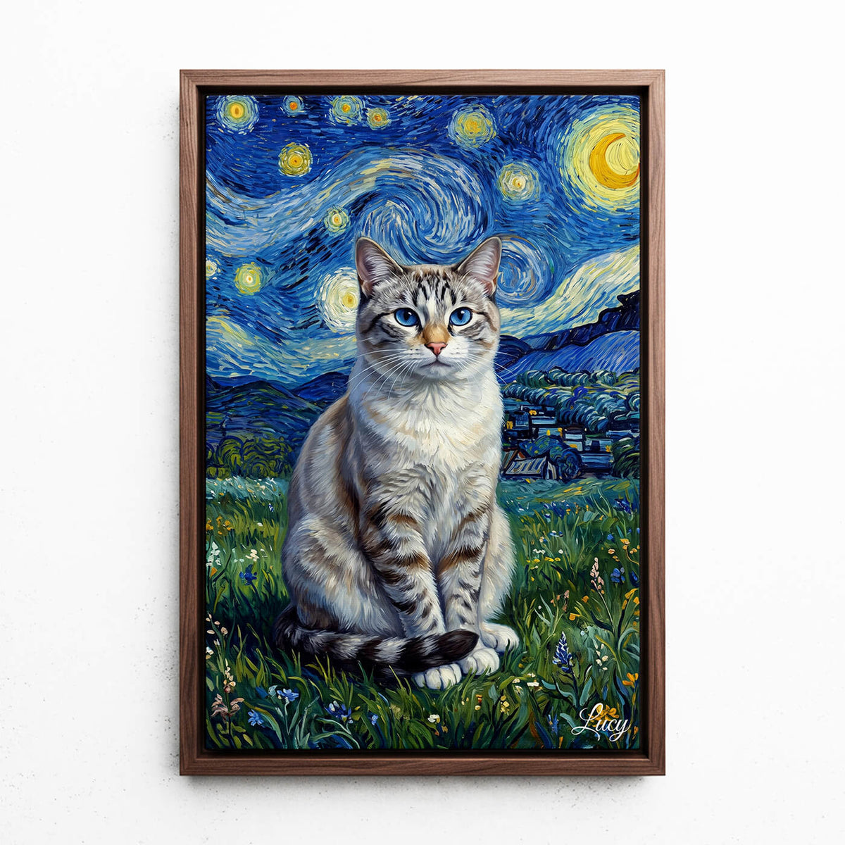 Cat Portrait in Van Gogh Style from your photo - canvas with walnut frame