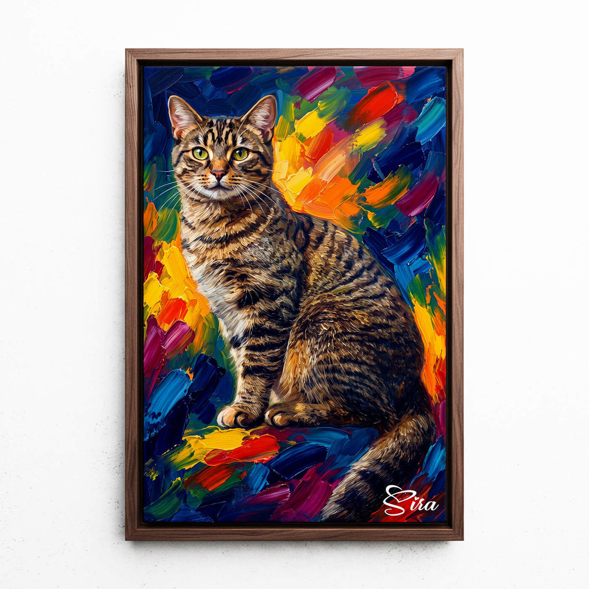Cat Portrait in Pop Art Style from your photo - canvas with walnut frame