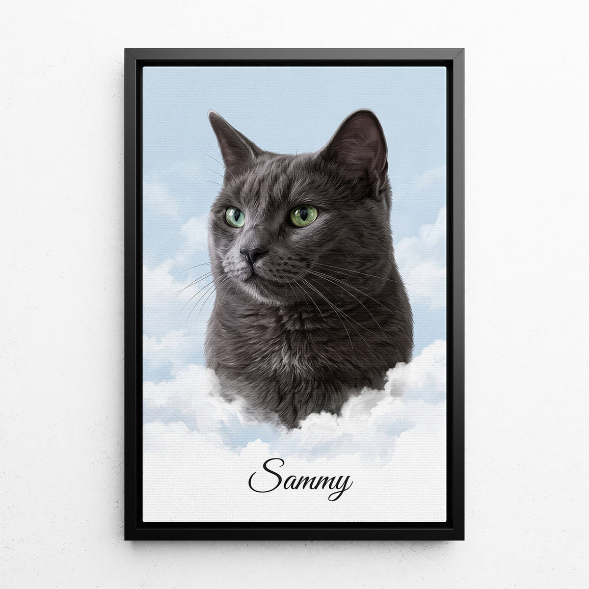 Personalised Cat Portrait on Clouds from your photo - canvas with black frame