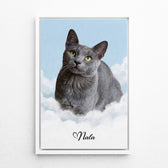 Dog portrait on clouds from your photo - canvas with white frame