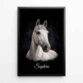 Horse portrait in dark watercolour style from your photo - canvas with black frame