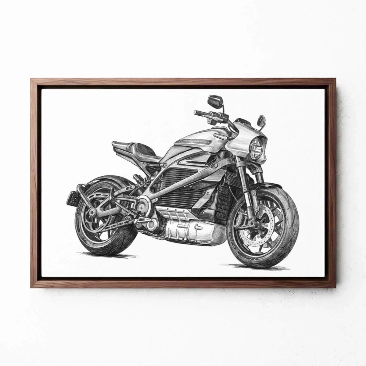 Motorbike Portrait in Pencil Style (Landscape) from your photo - canvas with walnut frame
