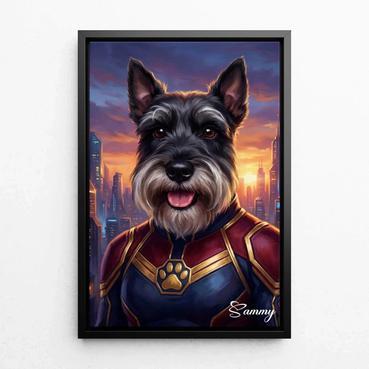Personalised Superhero Dog Portrait from your photo - canvas with black frame