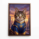 Cat portrait as a superhero from your photo - canvas with walnut frame
