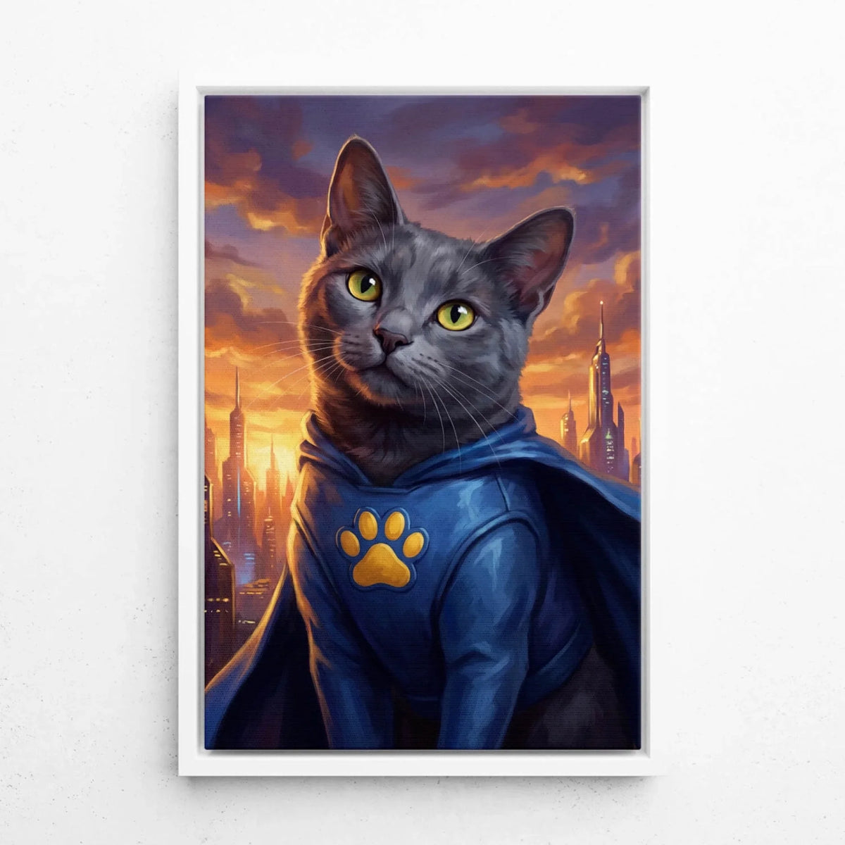 Personalised Superhero Cat Portrait from your photo - canvas with white frame