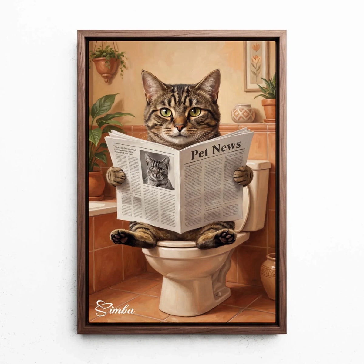 Personalised Funny Bathroom Cat Portrait from your photo - canvas with walnut frame