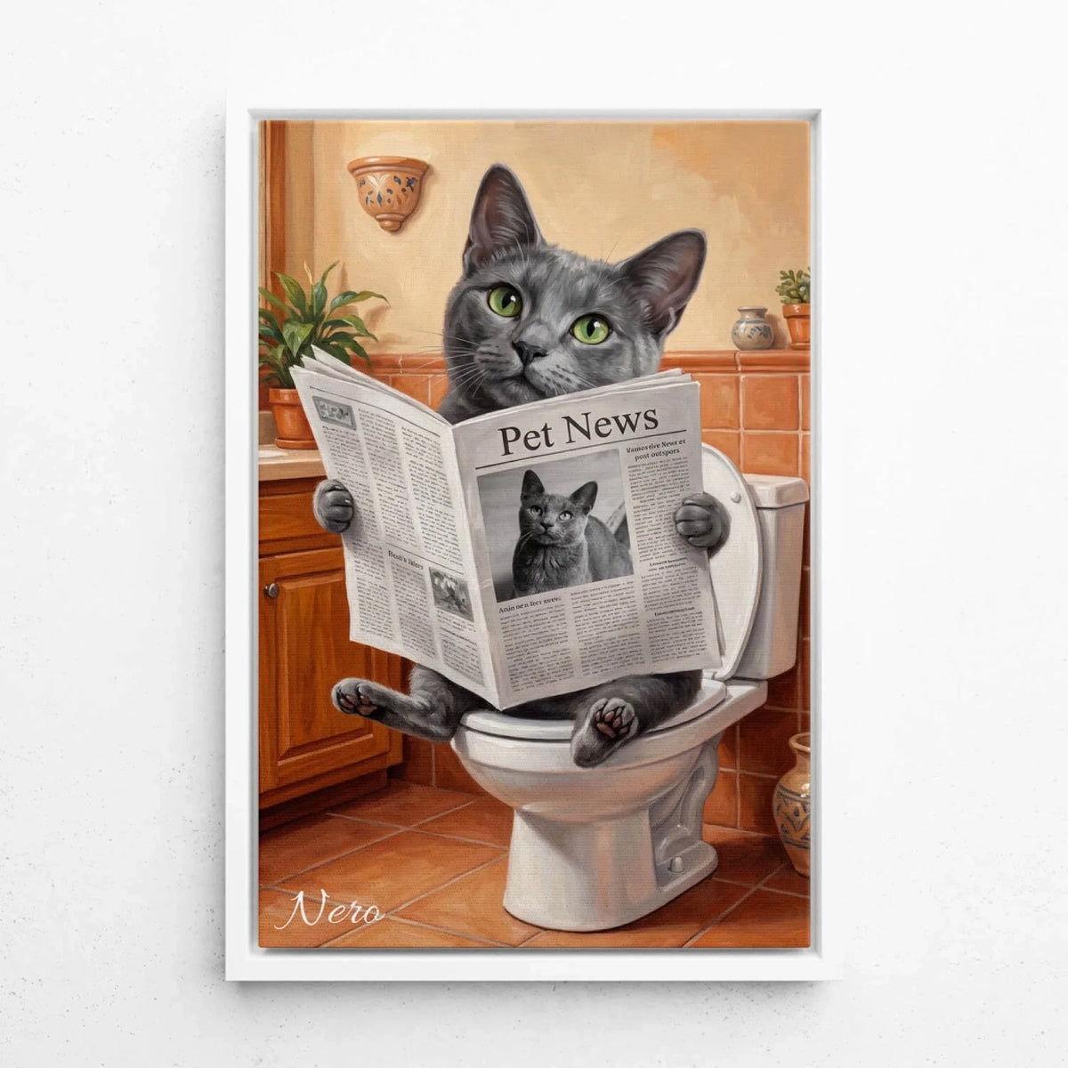 Personalised Funny Bathroom Cat Portrait from your photo - canvas with white frame