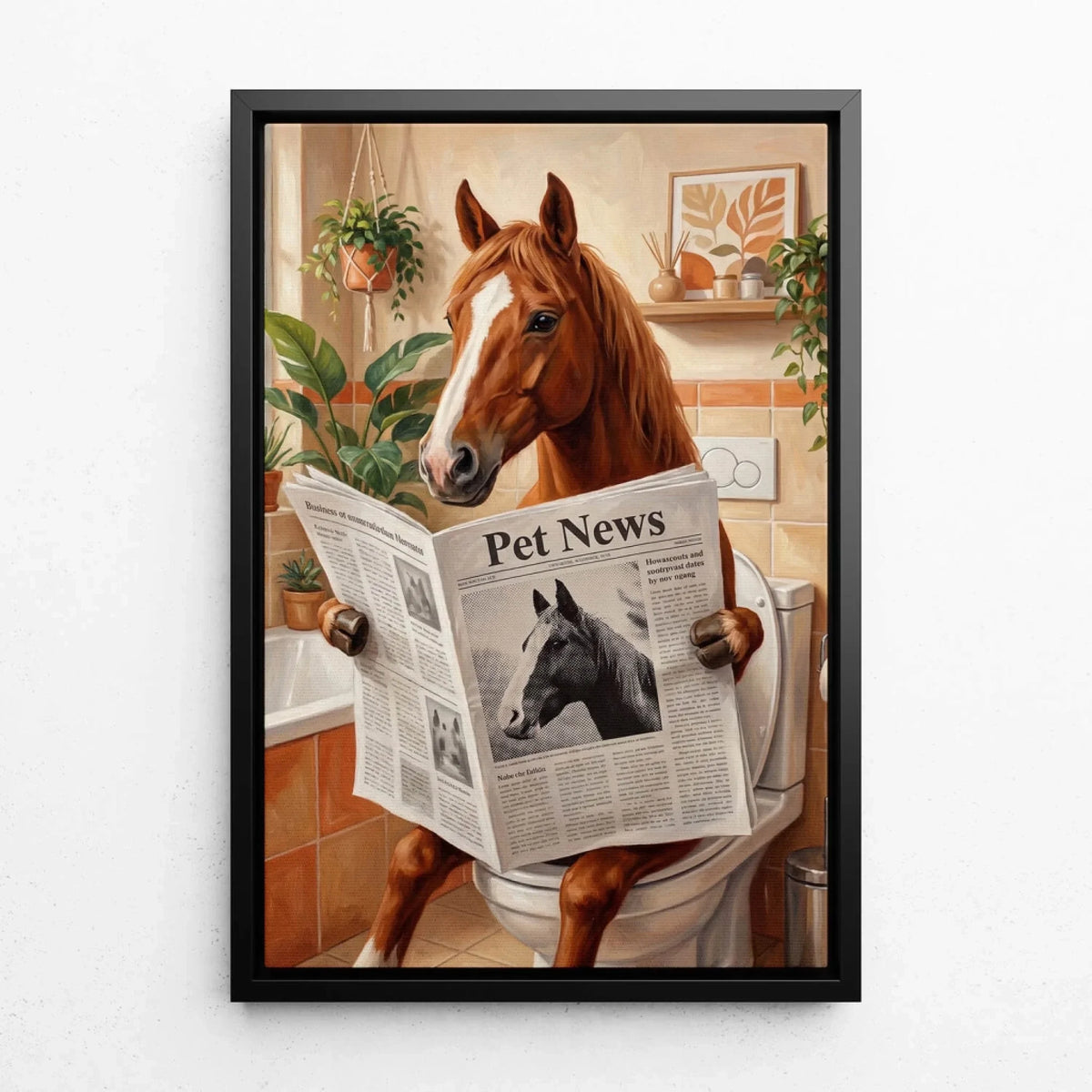 Personalised Funny Bathroom Horse Portrait from your photo - canvas with black frame