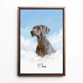 Dog portrait on clouds from your photo - canvas with walnut frame