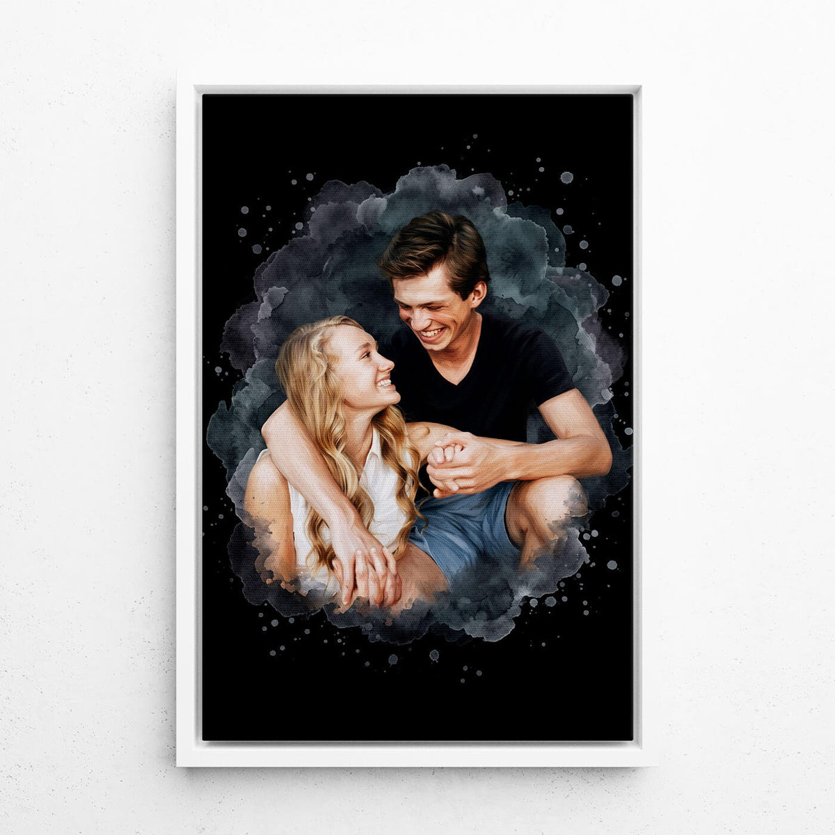 Couple & Family Portrait in Watercolour Style - Black from your photo - canvas with white frame