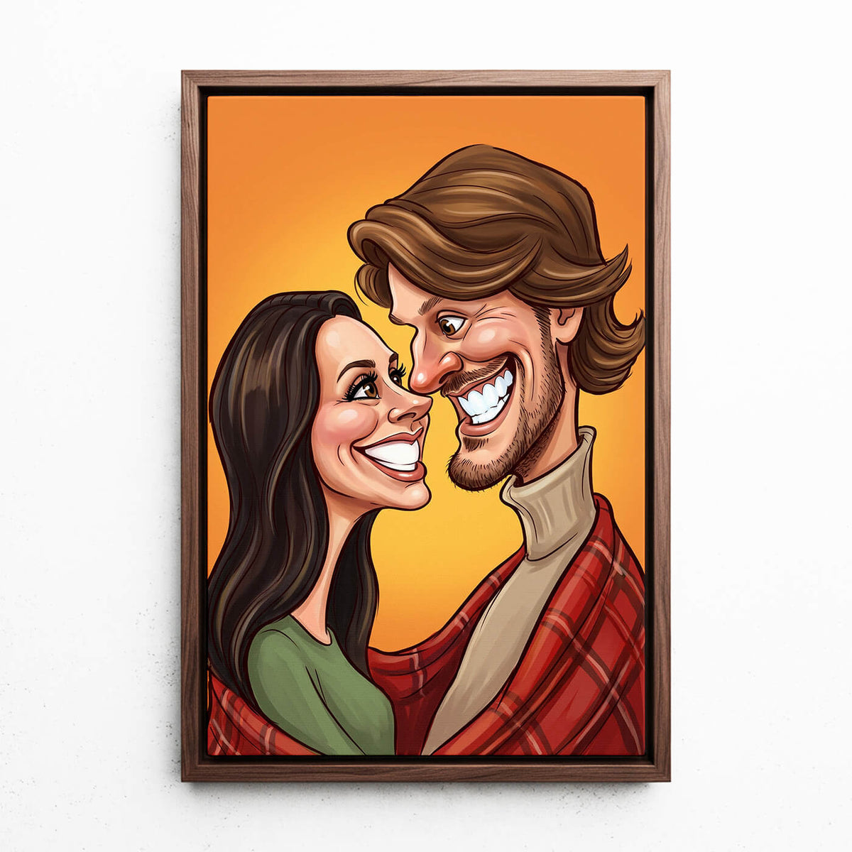Couple & Family Portrait in Caricature Style from your photo - canvas with walnut frame