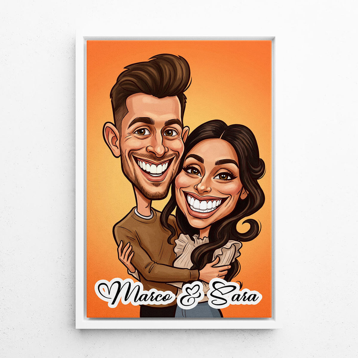 Couple & Family Portrait in Caricature Style from your photo - canvas with white frame