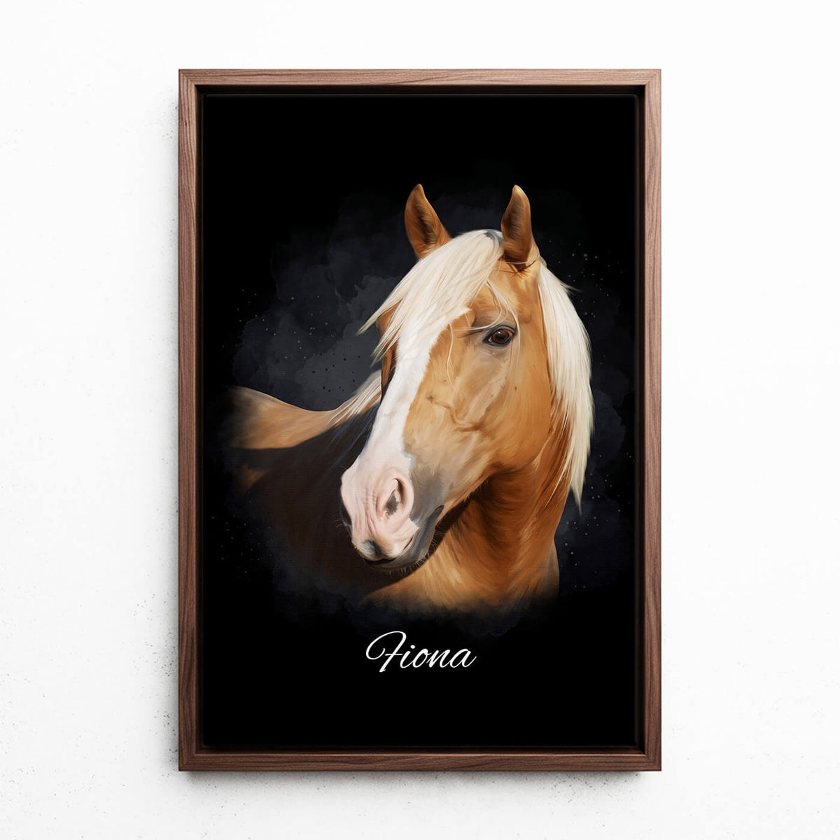 Horse Portrait in Watercolour Style - Black from your photo - canvas with walnut frame