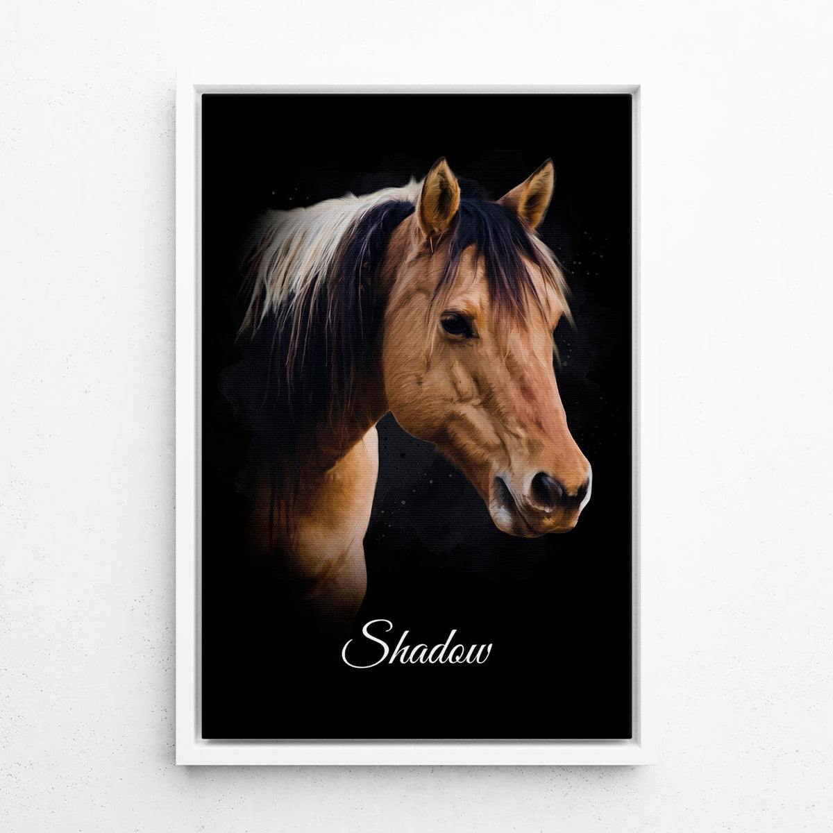 Horse Portrait in Watercolour Style - Black from your photo - canvas with white frame