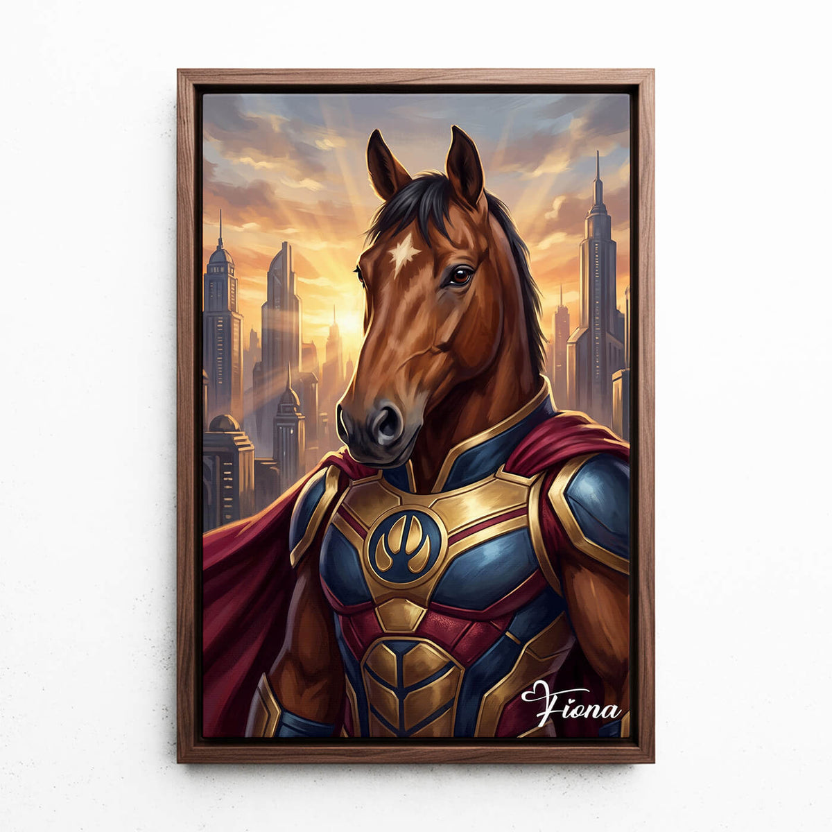 Personalised Superhero Horse Portrait from your photo - canvas with walnut frame
