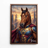 Cat portrait as a superhero from your photo - canvas with walnut frame