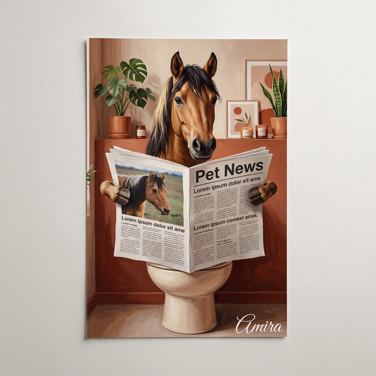 Personalised Funny Bathroom Horse Portrait from your photo - poster